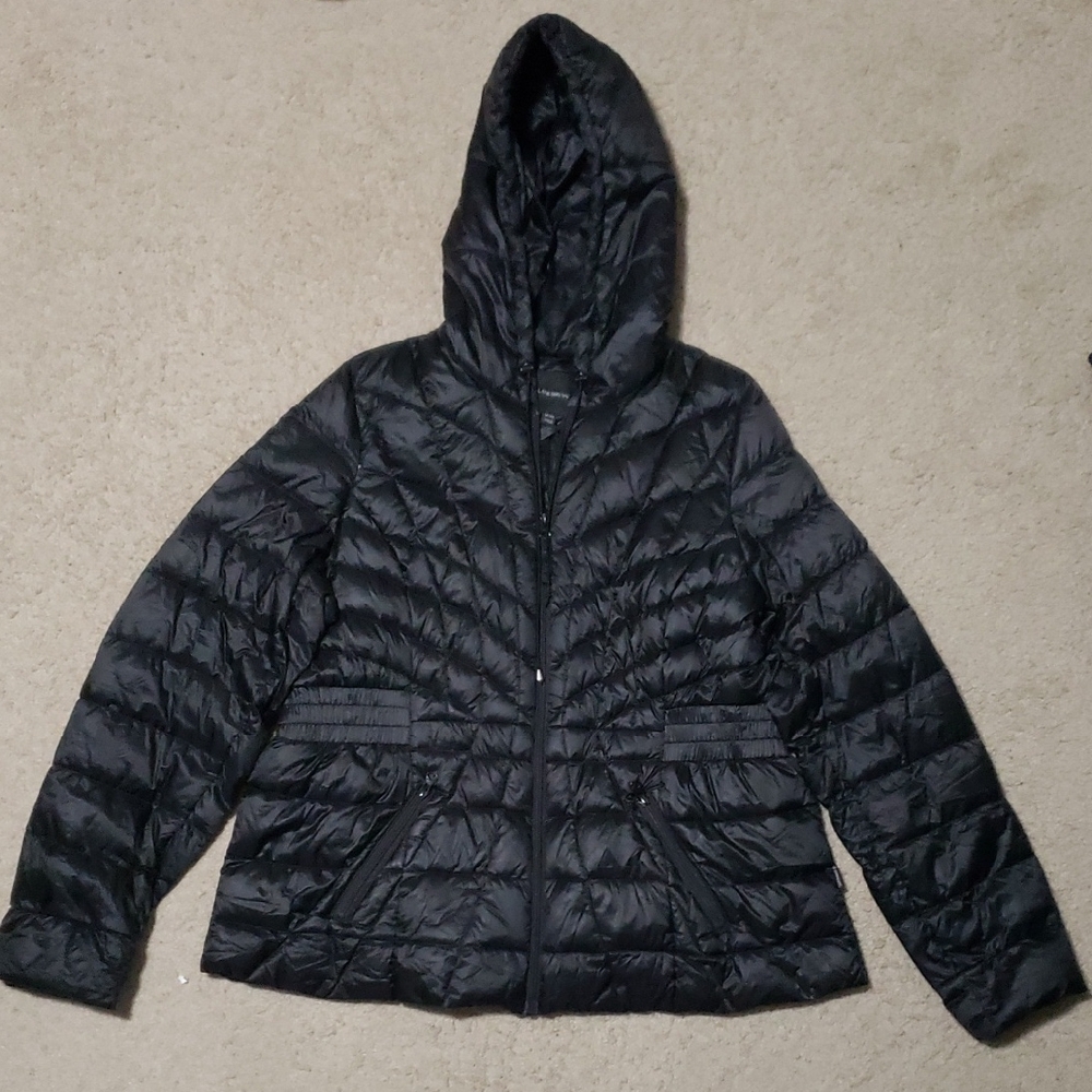 Lane Bryant Black Puffer Jacket with Hood and Peplum Waist